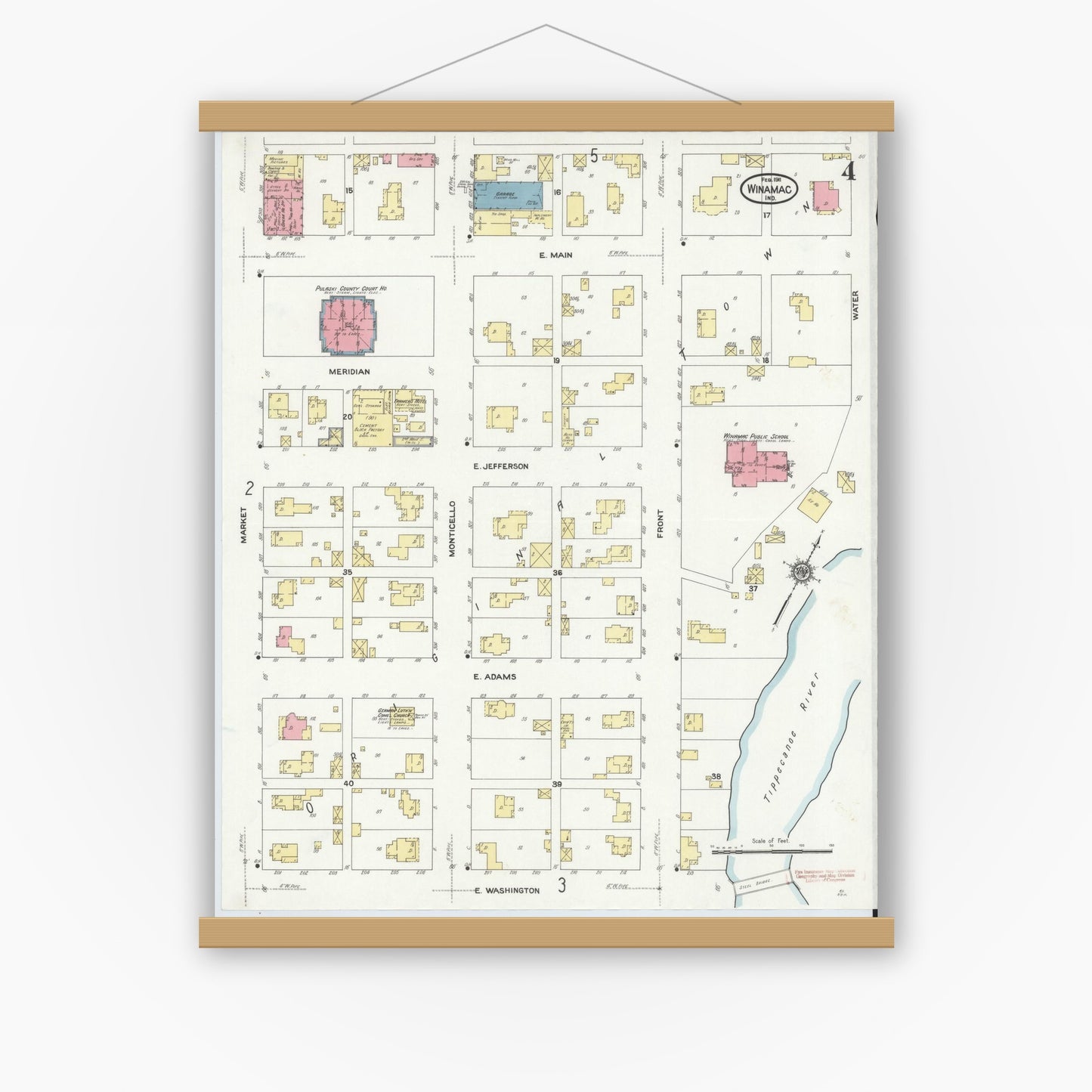 Old map wall art mockup — magnetic wood frame on white wall — Sanborn Fire Insurance Map from Winamac, Pulaski County, Indiana (1911), Sheet #0004