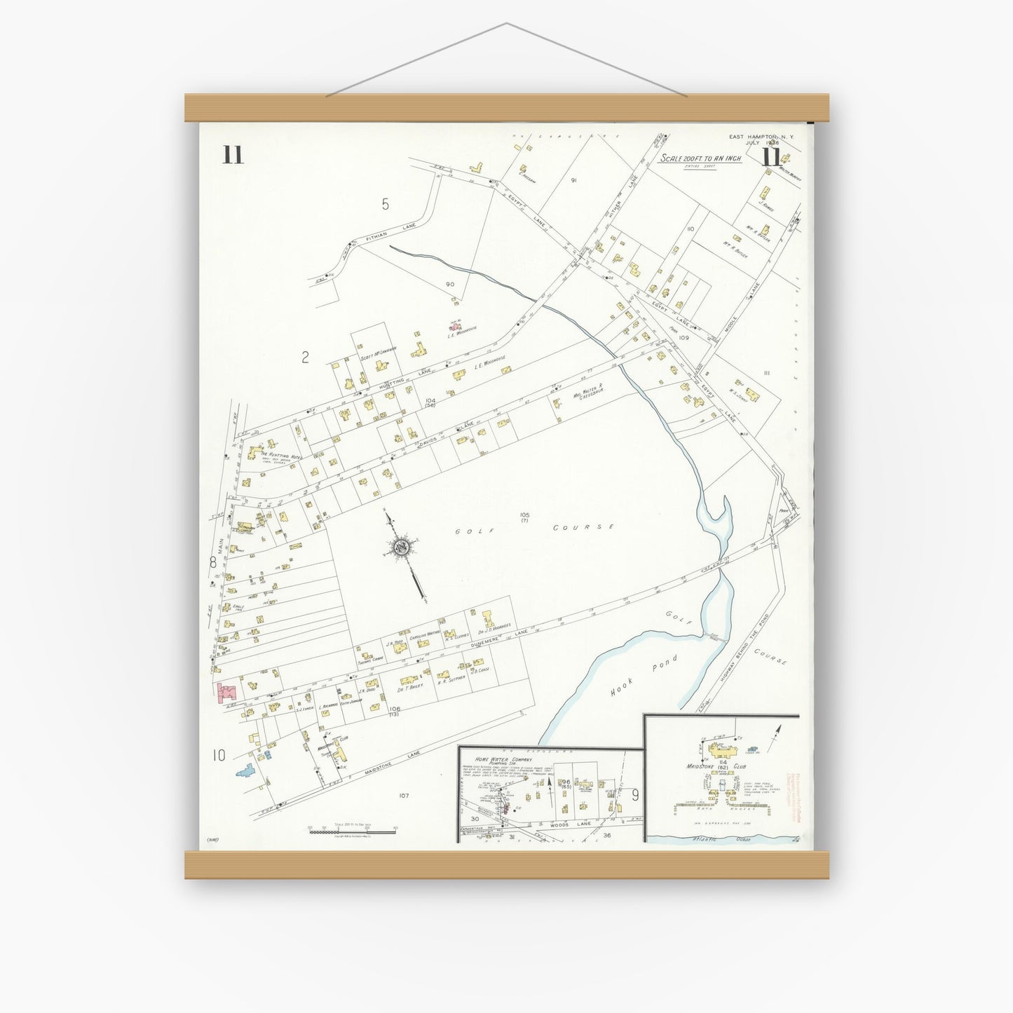 Old map wall art mockup — magnetic wood frame on white wall — Sanborn Fire Insurance Map from Easthampton, Suffolk County, New York (1936), Sheet #0011