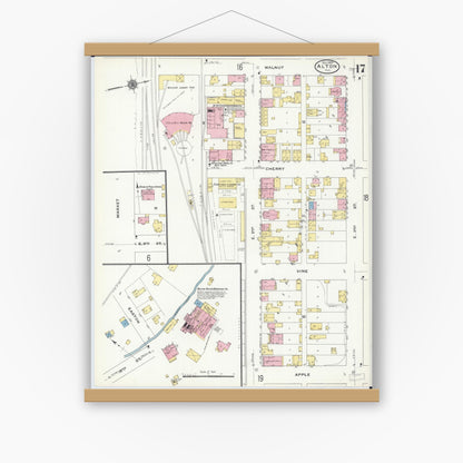 Old map wall art mockup — magnetic wood frame on white wall — Sanborn Fire Insurance Map from Alton, Madison County, Illinois (1909), Sheet #0017