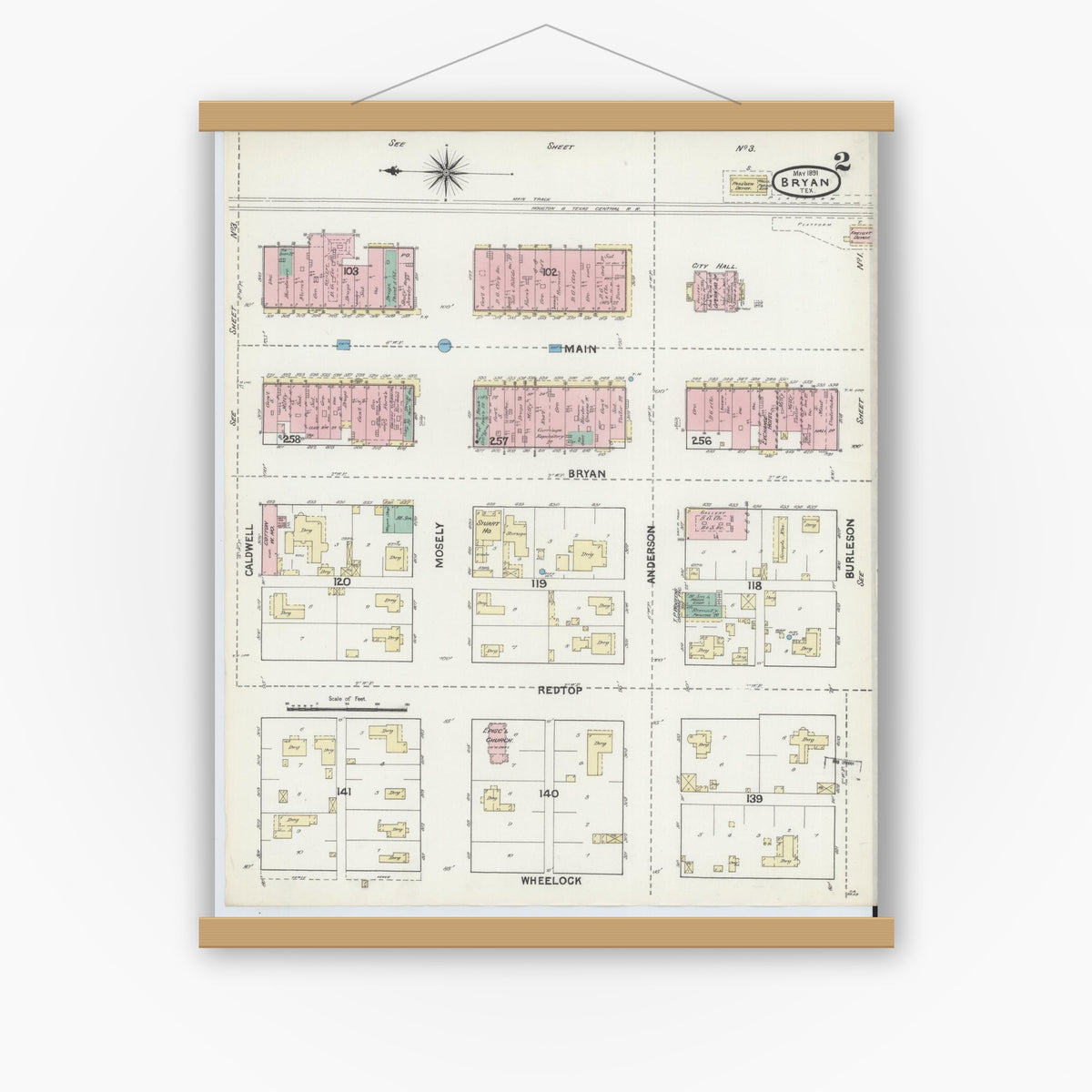 Old map wall art mockup — magnetic wood frame on white wall — Sanborn Fire Insurance Map from Bryan, Brazos County, Texas (1891), Sheet #0002
