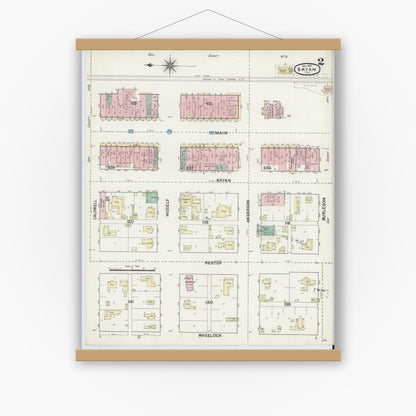 Old map wall art mockup — magnetic wood frame on white wall — Sanborn Fire Insurance Map from Bryan, Brazos County, Texas (1891), Sheet #0002