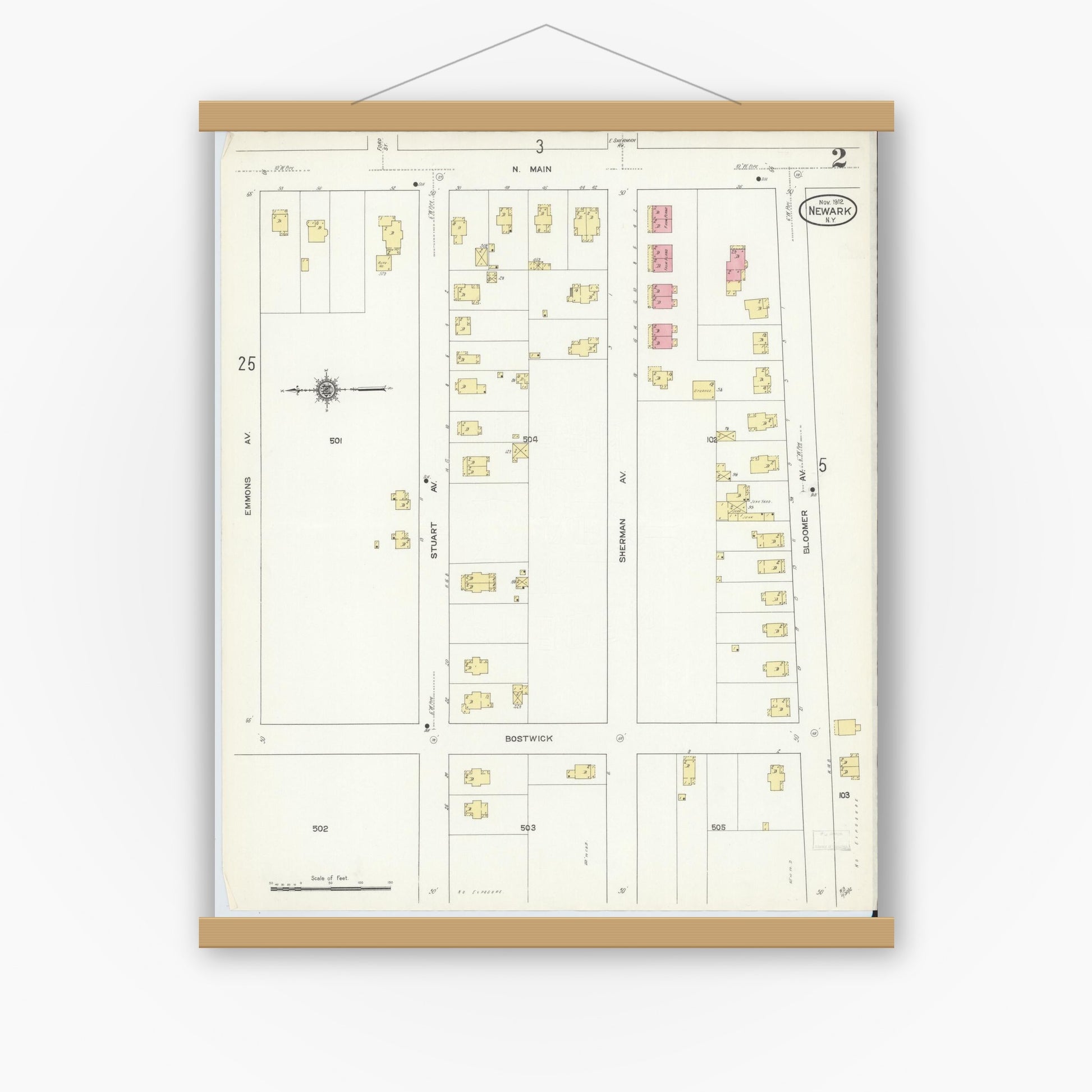 Old map wall art mockup — magnetic wood frame on white wall — Sanborn Fire Insurance Map from Newark, Wayne County, New York (1912) - Complete Map Set