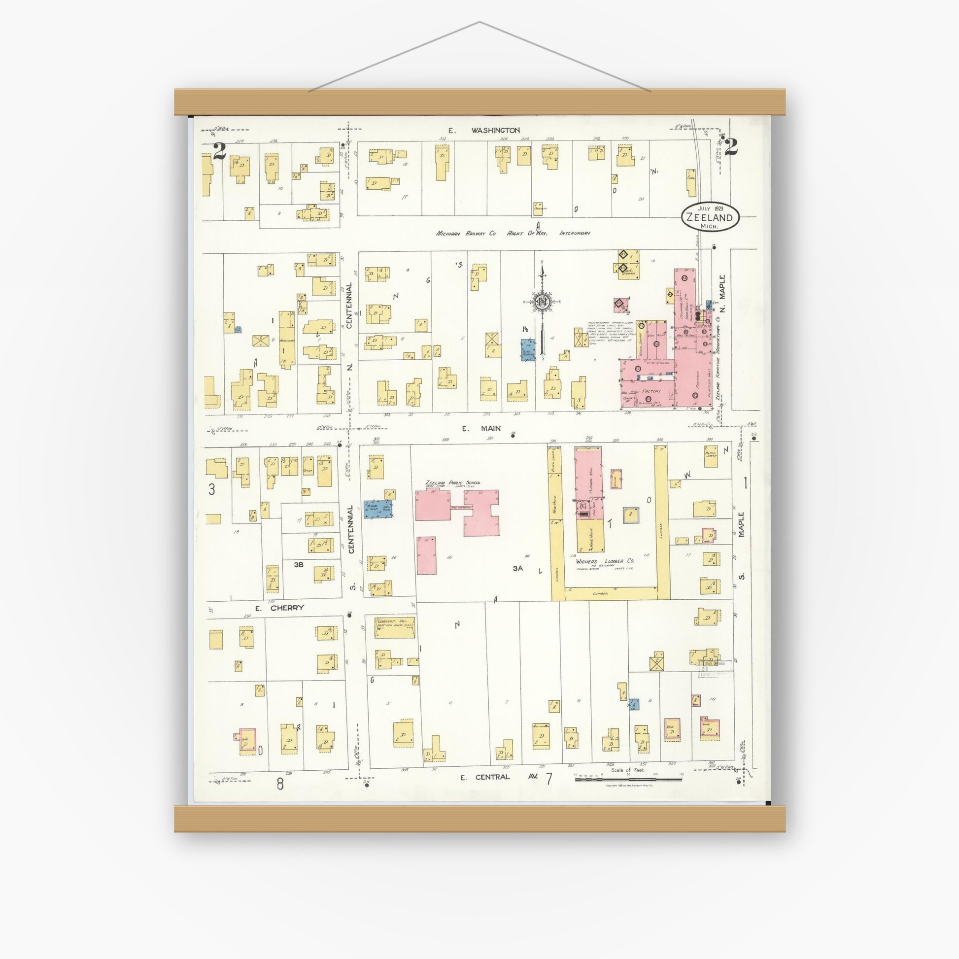 Old map wall art mockup — magnetic wood frame on white wall — Sanborn Fire Insurance Map from Zeeland, Ottawa County, Michigan (1923), Sheet #0002
