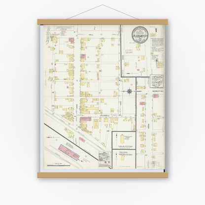 Old map wall art mockup — magnetic wood frame on white wall — Sanborn Fire Insurance Map from Pleasant City, Guernsey County, Ohio (1913) - Complete Map Set