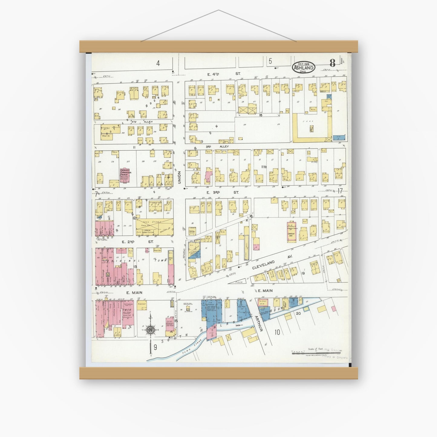 Old map wall art mockup — magnetic wood frame on white wall — Sanborn Fire Insurance Map from Ashland, Ashland County, Ohio (1919), Sheet #0008
