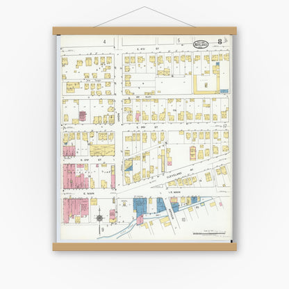 Old map wall art mockup — magnetic wood frame on white wall — Sanborn Fire Insurance Map from Ashland, Ashland County, Ohio (1919), Sheet #0008