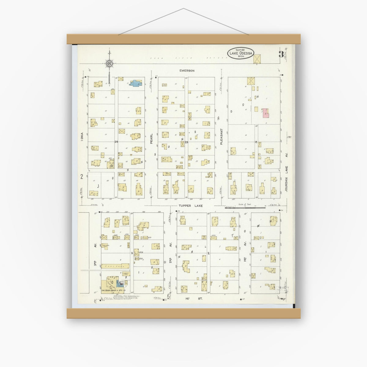 Old map wall art mockup — magnetic wood frame on white wall — Sanborn Fire Insurance Map from Lake Odessa, Ionia County, Michigan (1912), Sheet #0003