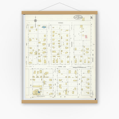 Old map wall art mockup — magnetic wood frame on white wall — Sanborn Fire Insurance Map from Lake Odessa, Ionia County, Michigan (1912), Sheet #0003