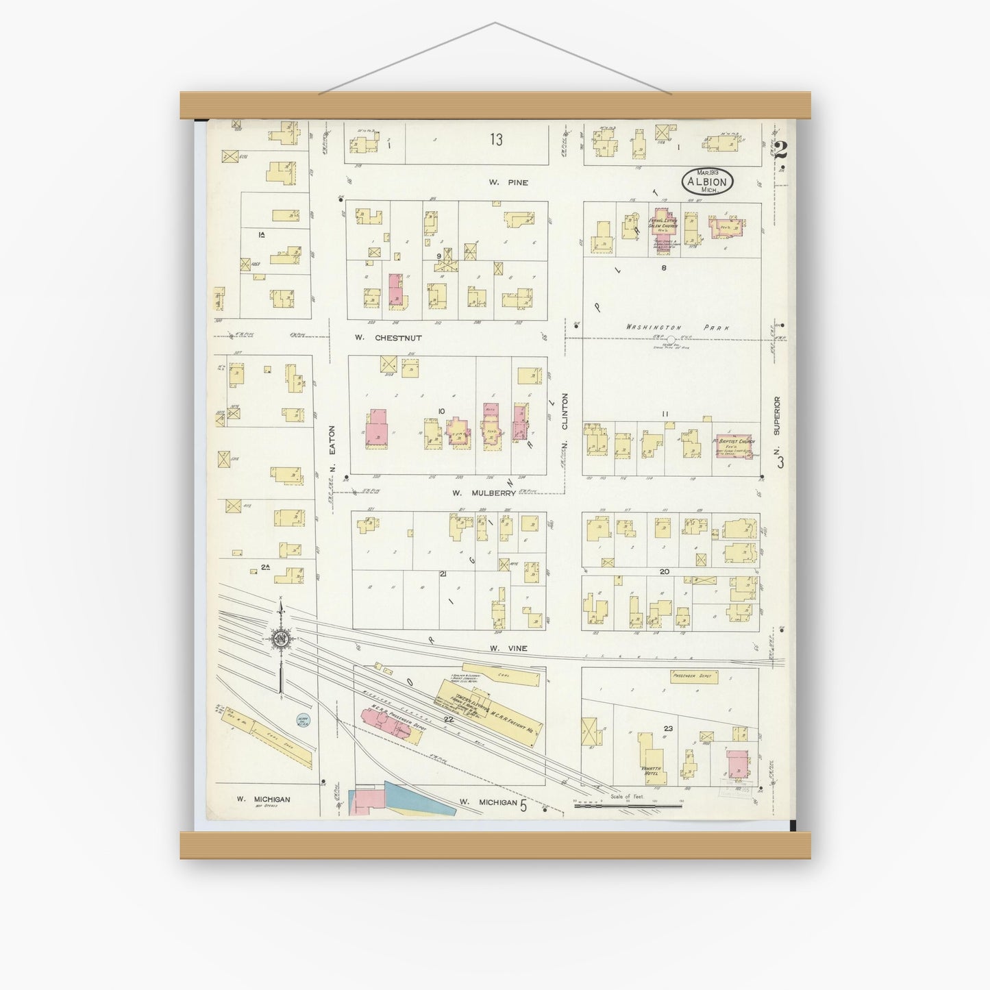 Old map wall art mockup — magnetic wood frame on white wall — Sanborn Fire Insurance Map from Albion, Calhoun County, Michigan (1913), Sheet #0002