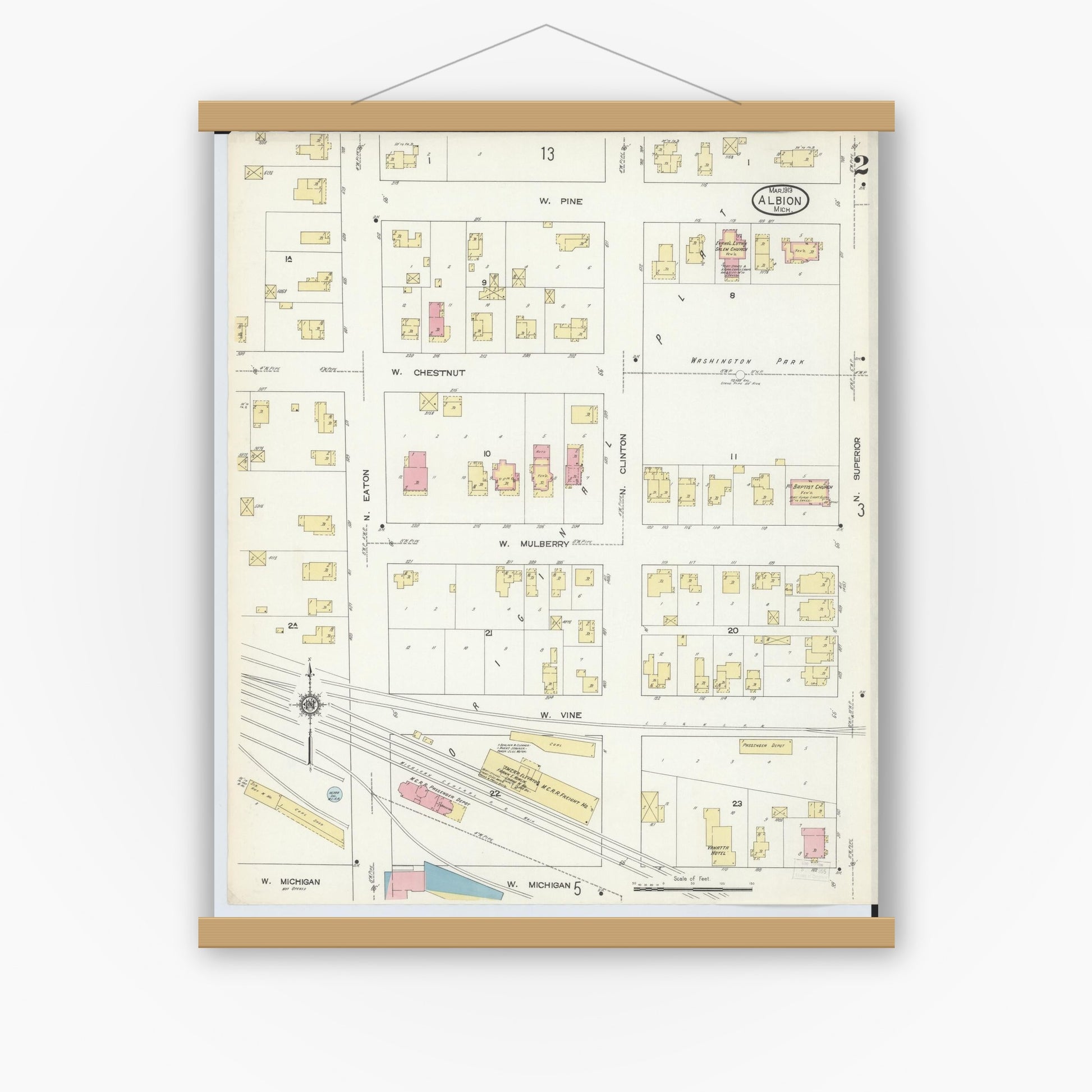 Old map wall art mockup — magnetic wood frame on white wall — Sanborn Fire Insurance Map from Albion, Calhoun County, Michigan (1913), Sheet #0002
