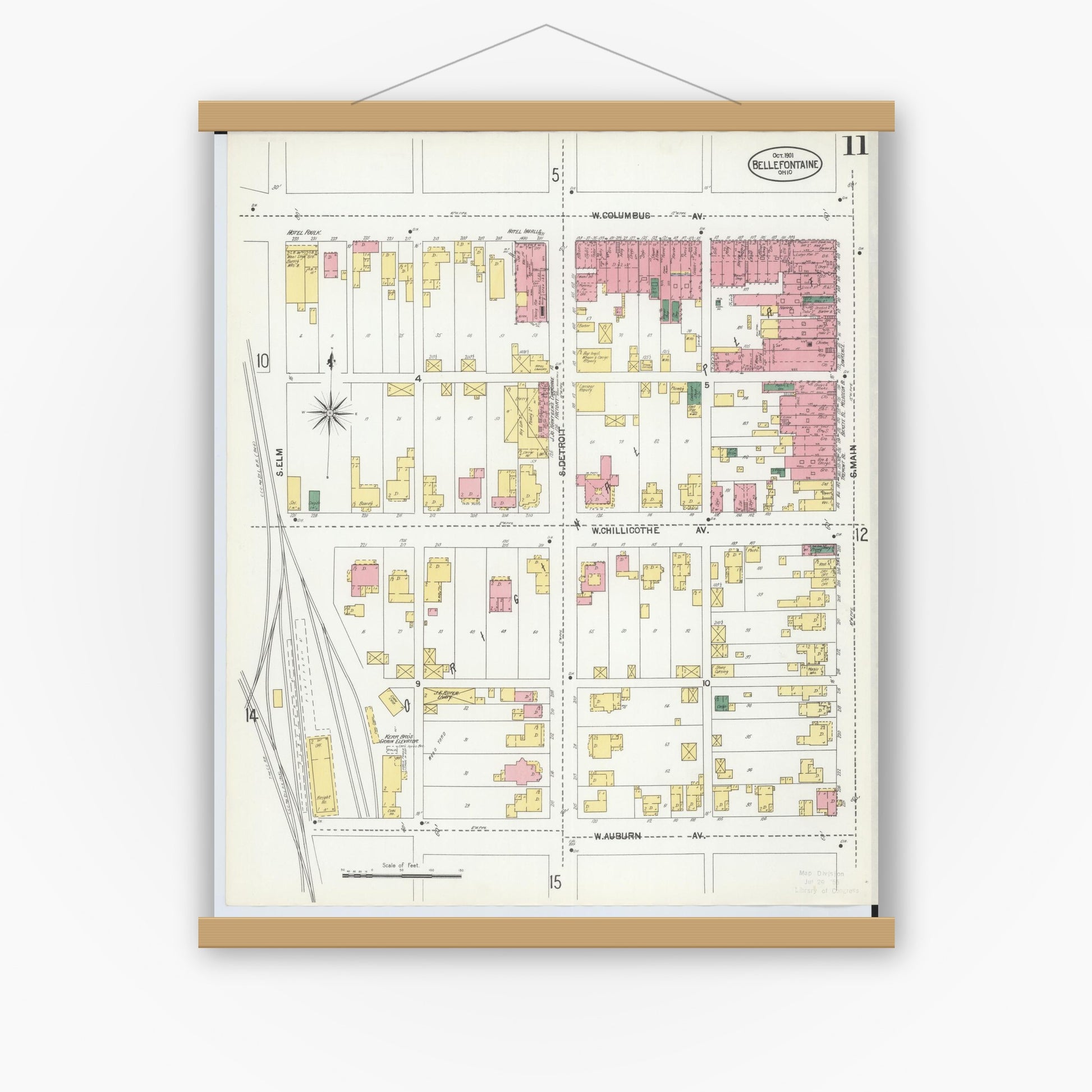 Old map wall art mockup — magnetic wood frame on white wall — Sanborn Fire Insurance Map from Bellefontaine, Logan County, Ohio (1901), Sheet #0011