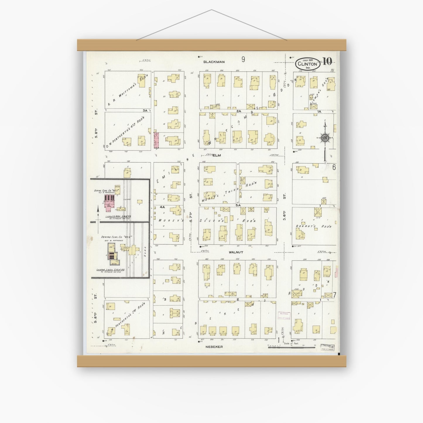 Old map wall art mockup — magnetic wood frame on white wall — Sanborn Fire Insurance Map from Clinton, Vermillion County, Indiana (1910), Sheet #0010