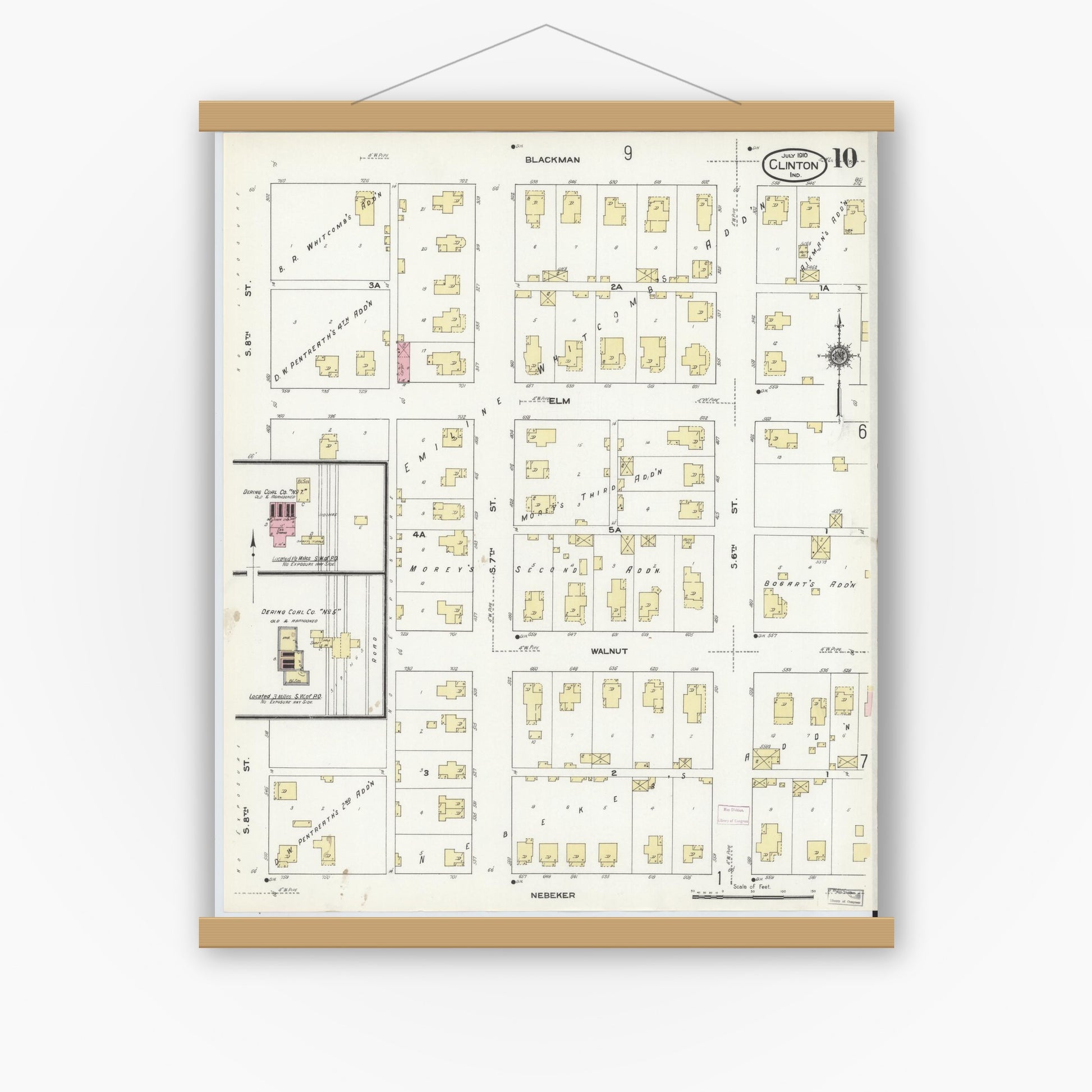 Old map wall art mockup — magnetic wood frame on white wall — Sanborn Fire Insurance Map from Clinton, Vermillion County, Indiana (1910), Sheet #0010