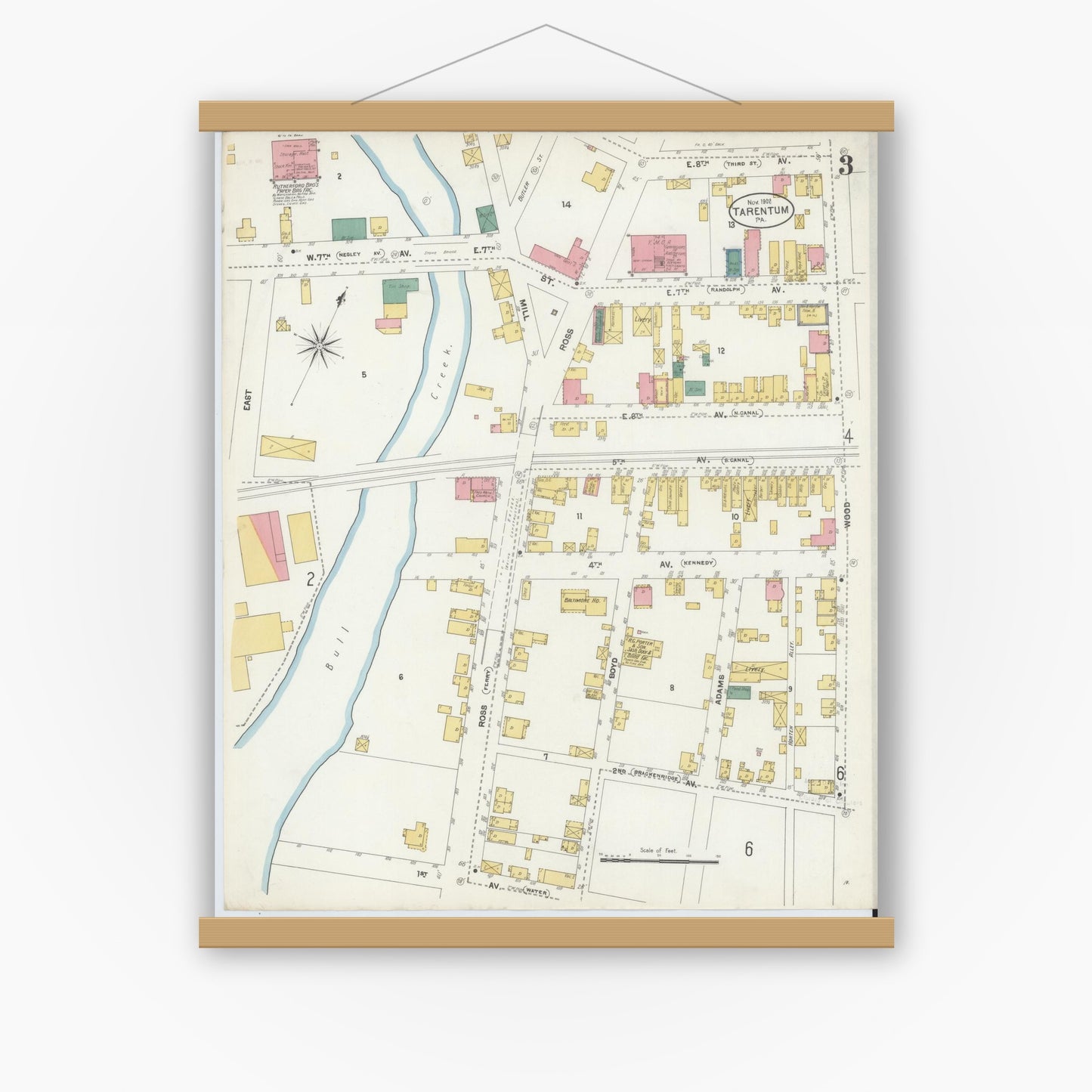 Old map wall art mockup — magnetic wood frame on white wall — Sanborn Fire Insurance Map from Tarentum, Allegheny County, Pennsylvania (1902), Sheet #0003