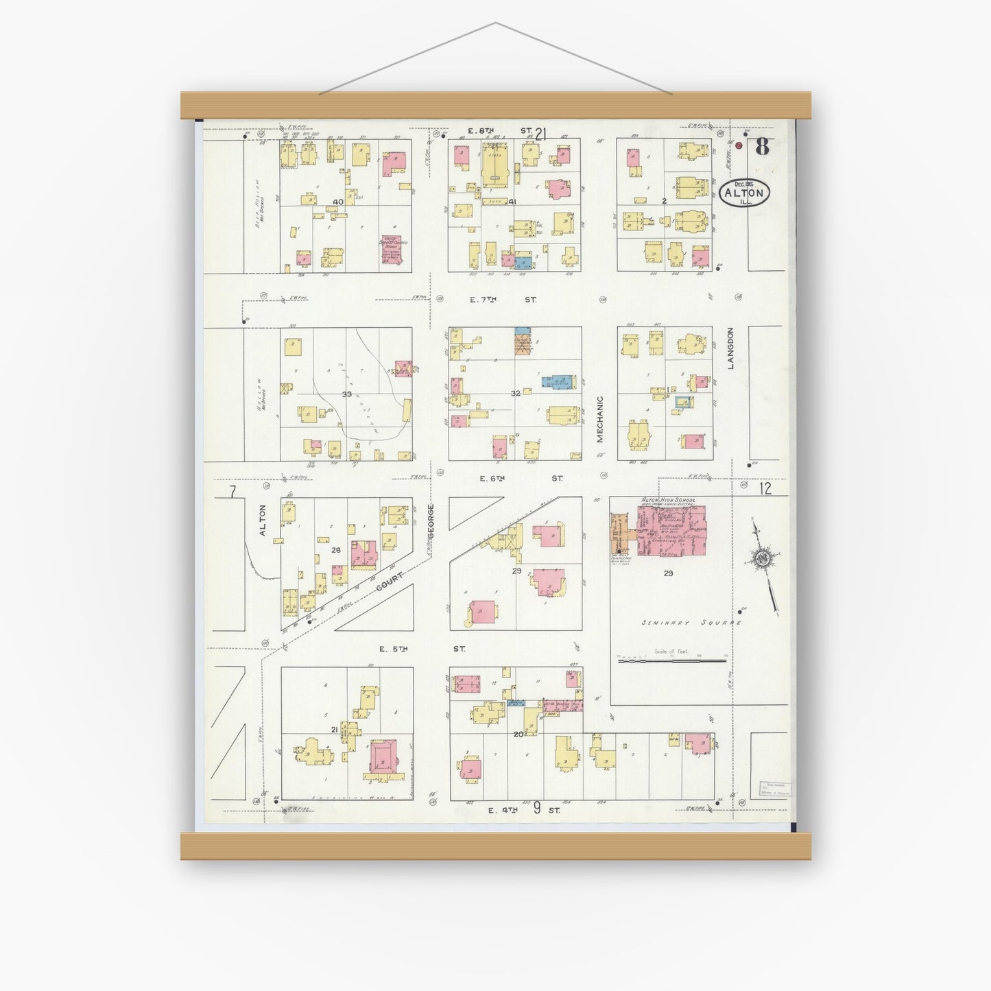 Old map wall art mockup — magnetic wood frame on white wall — Sanborn Fire Insurance Map from Alton, Madison County, Illinois (1915), Sheet #0008