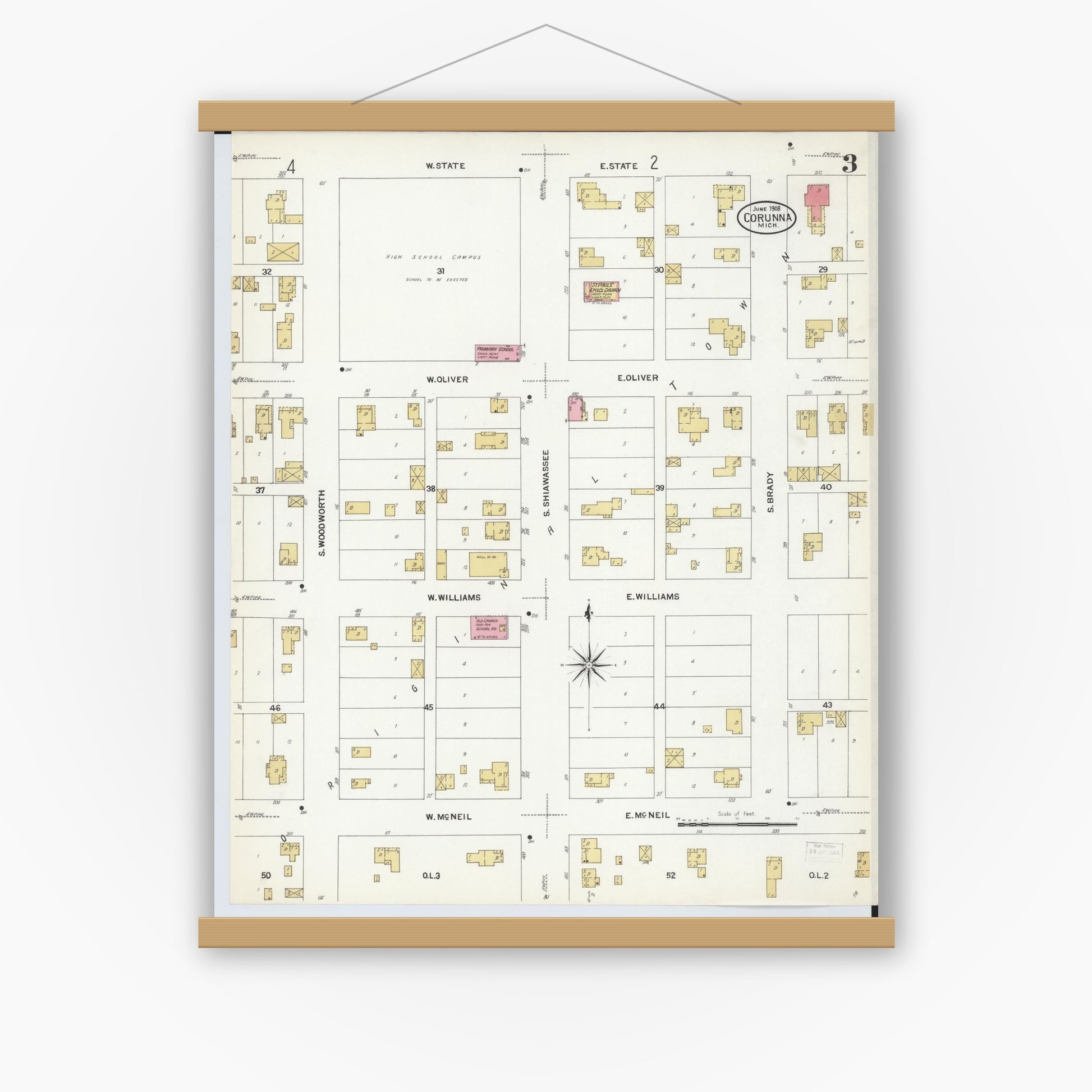 Old map wall art mockup — magnetic wood frame on white wall — Sanborn Fire Insurance Map from Corunna, Shiawassee County, Michigan (1908), Sheet #0003