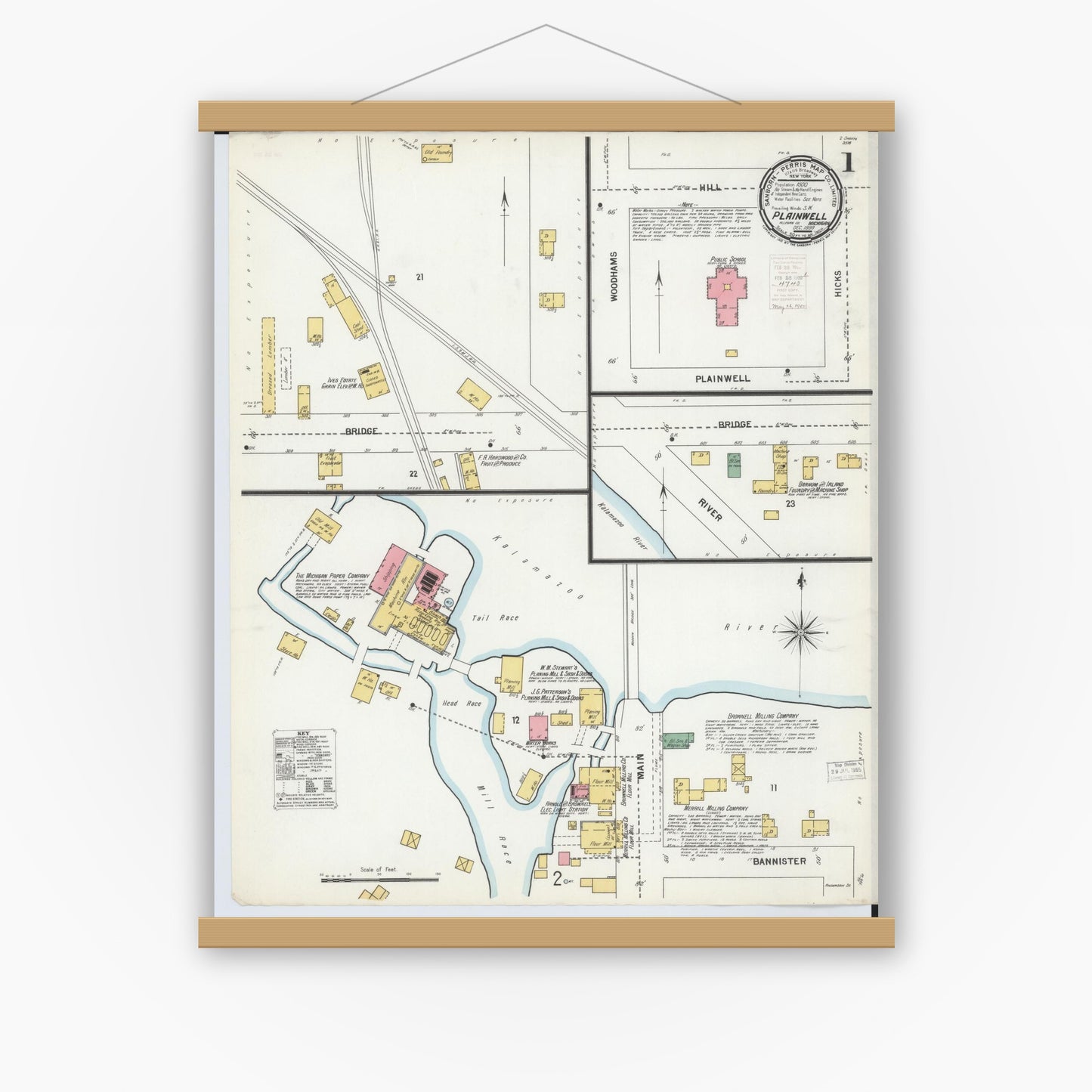 Old map wall art mockup — magnetic wood frame on white wall — Sanborn Fire Insurance Map from Plainwell, Allegan County, Michigan (1899) - Complete Map Set