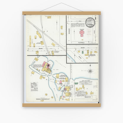 Old map wall art mockup — magnetic wood frame on white wall — Sanborn Fire Insurance Map from Plainwell, Allegan County, Michigan (1899) - Complete Map Set