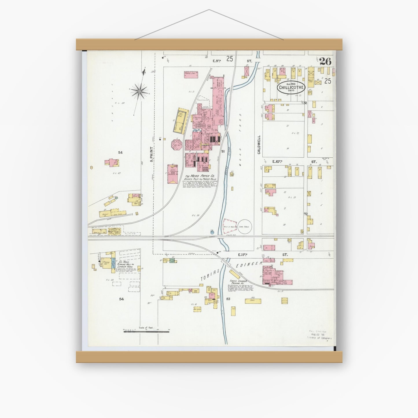 Old map wall art mockup — magnetic wood frame on white wall — Sanborn Fire Insurance Map from Chillicothe, Ross County, Ohio (1900), Sheet #0026