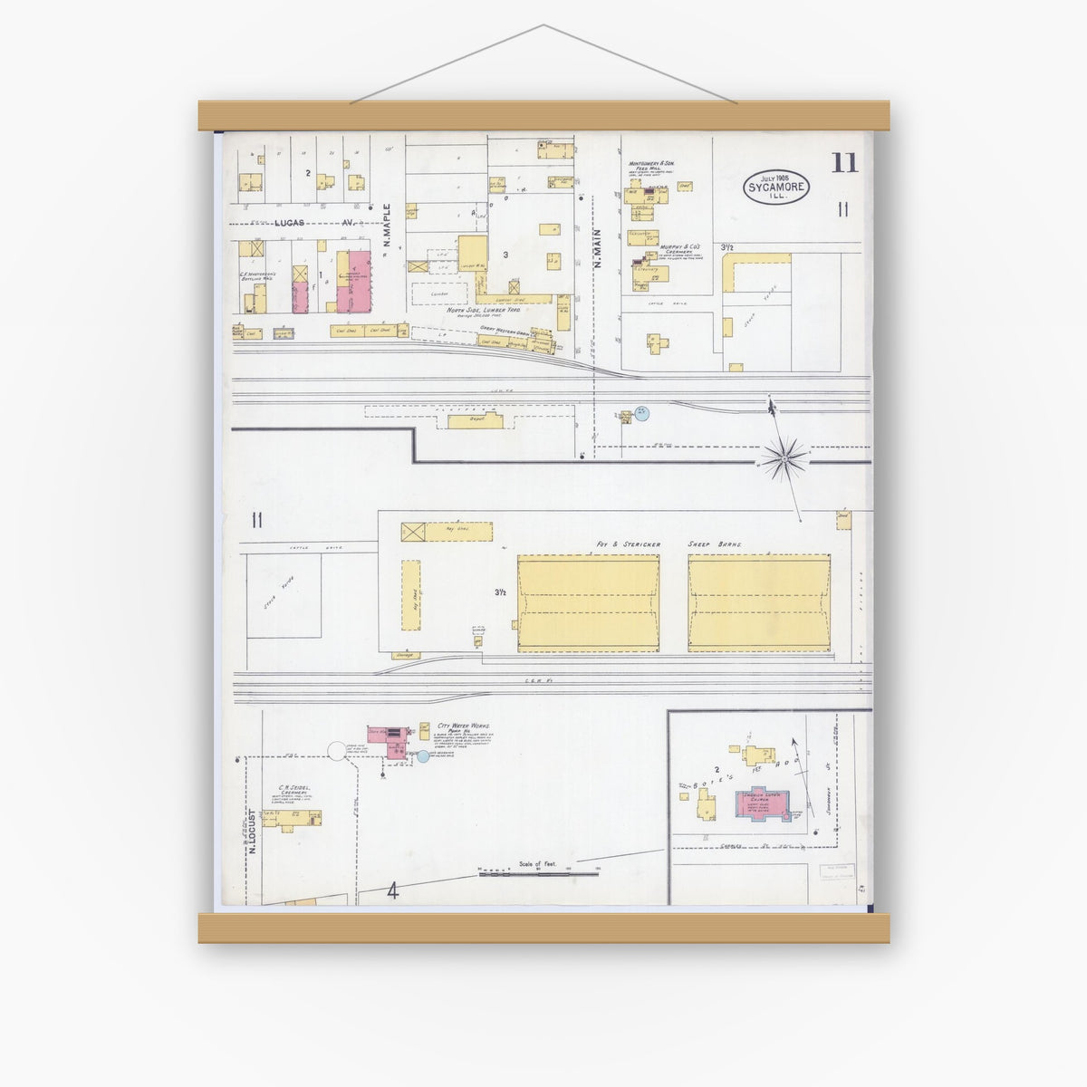 Old map wall art mockup — magnetic wood frame on white wall — Sanborn Fire Insurance Map from Sycamore, De Kalb County, Illinois (1905), Sheet #0011