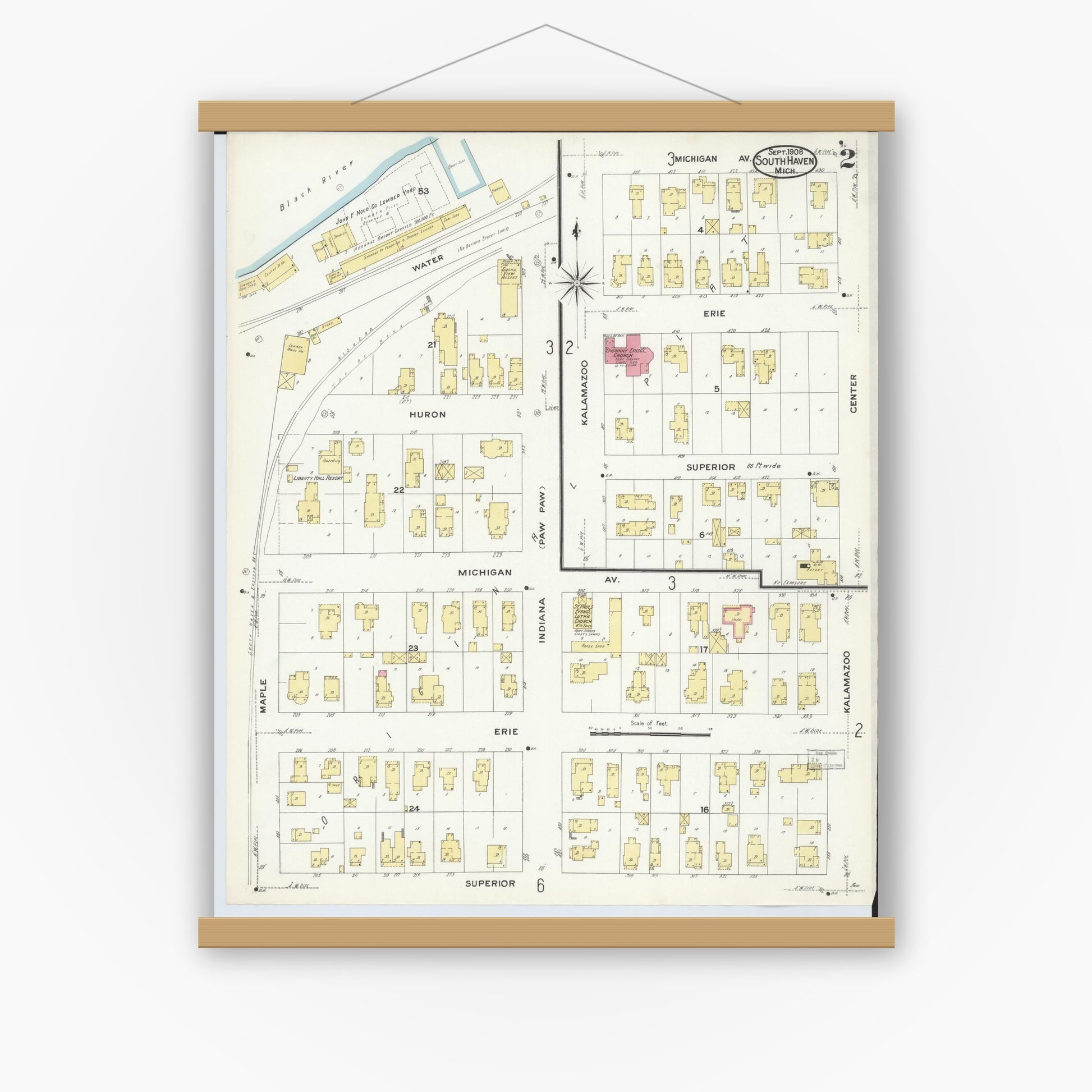 Old map wall art mockup — magnetic wood frame on white wall — Sanborn Fire Insurance Map from South Haven, Van Buren County, Michigan (1908), Sheet #0002