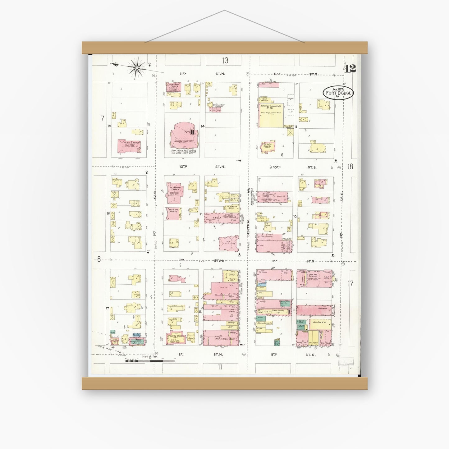 Old map wall art mockup — magnetic wood frame on white wall — Sanborn Fire Insurance Map from Fort Dodge, Webster County, Iowa (1907), Sheet #0012