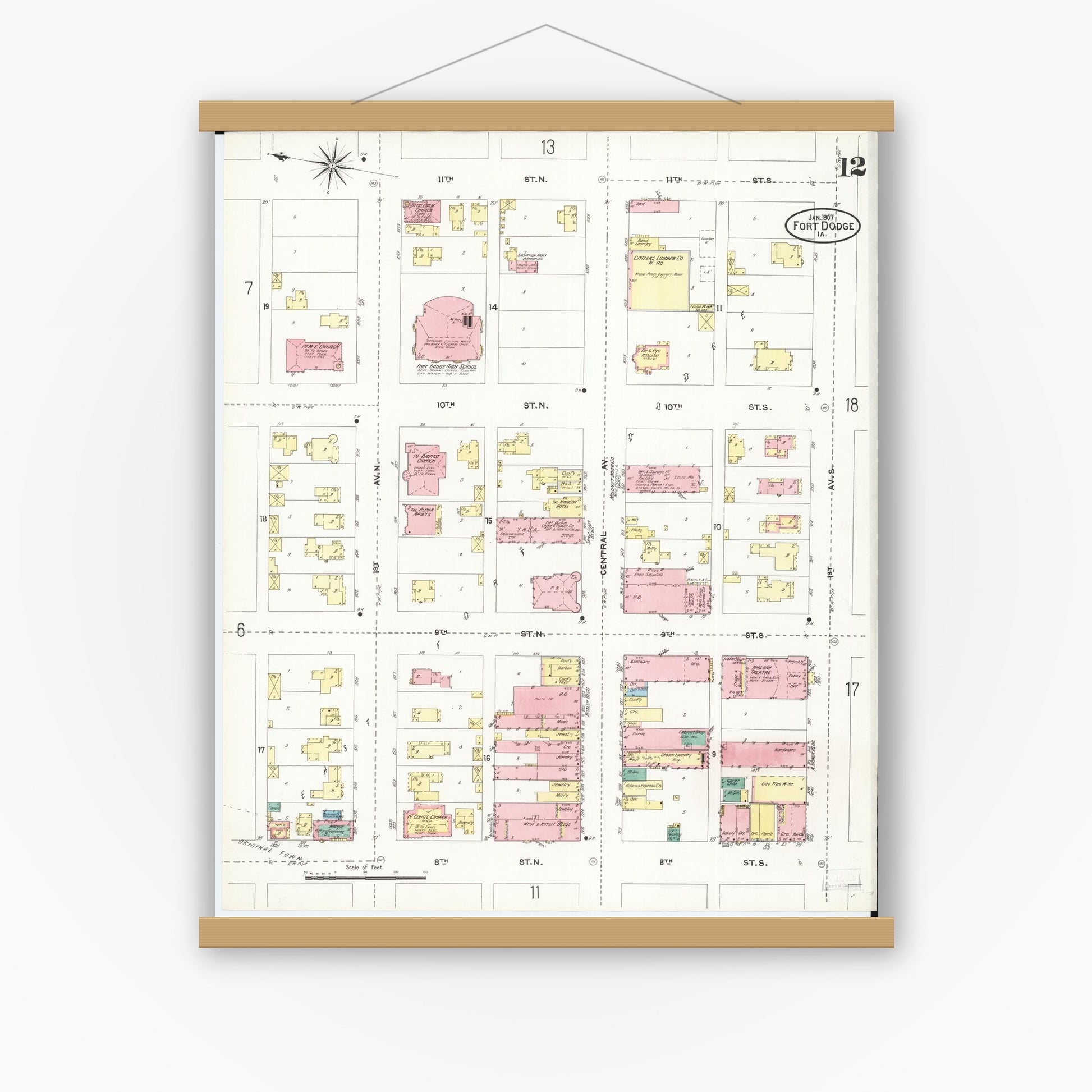 Old map wall art mockup — magnetic wood frame on white wall — Sanborn Fire Insurance Map from Fort Dodge, Webster County, Iowa (1907), Sheet #0012
