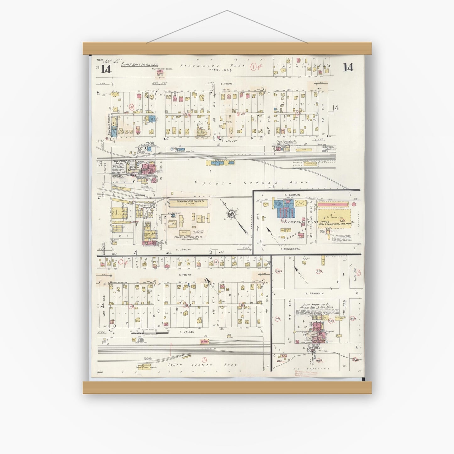 Old map wall art mockup — magnetic wood frame on white wall — Sanborn Fire Insurance Map from New Ulm, Brown County, Minnesota (1946), Sheet #0014
