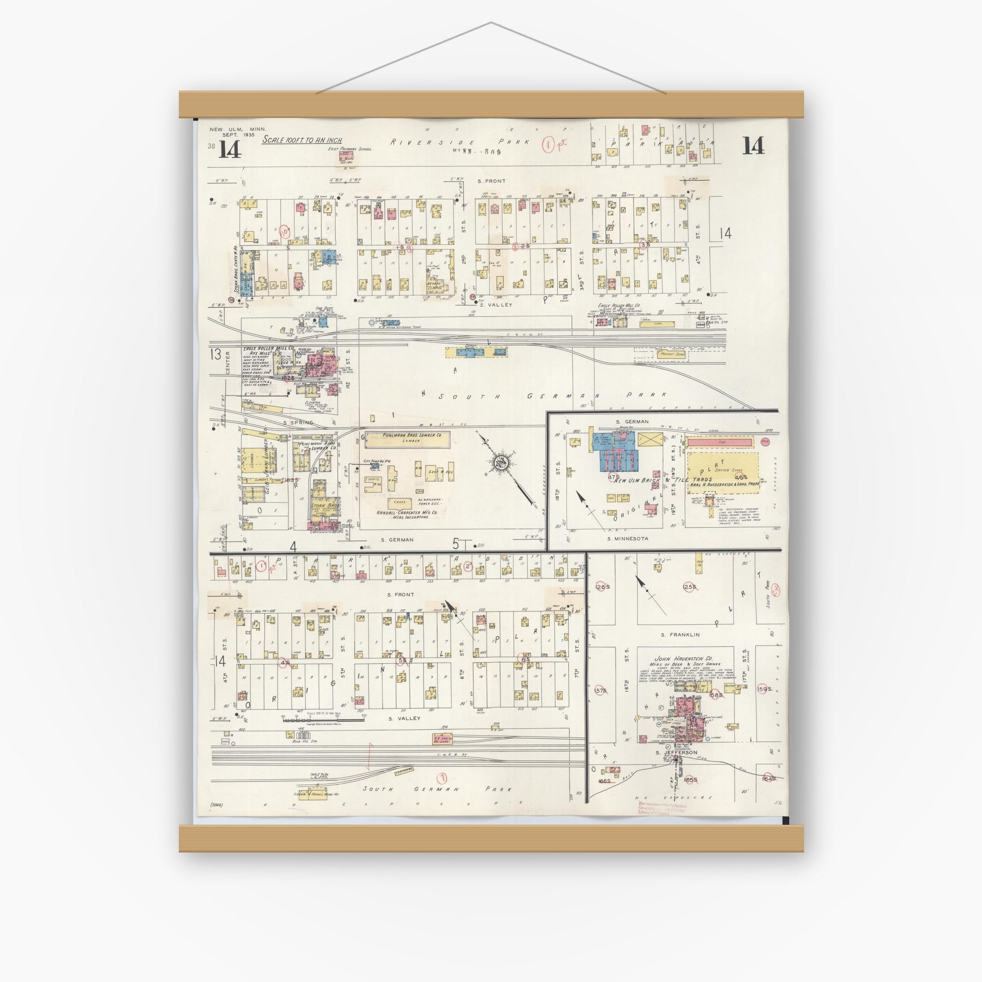 Old map wall art mockup — magnetic wood frame on white wall — Sanborn Fire Insurance Map from New Ulm, Brown County, Minnesota (1946), Sheet #0014