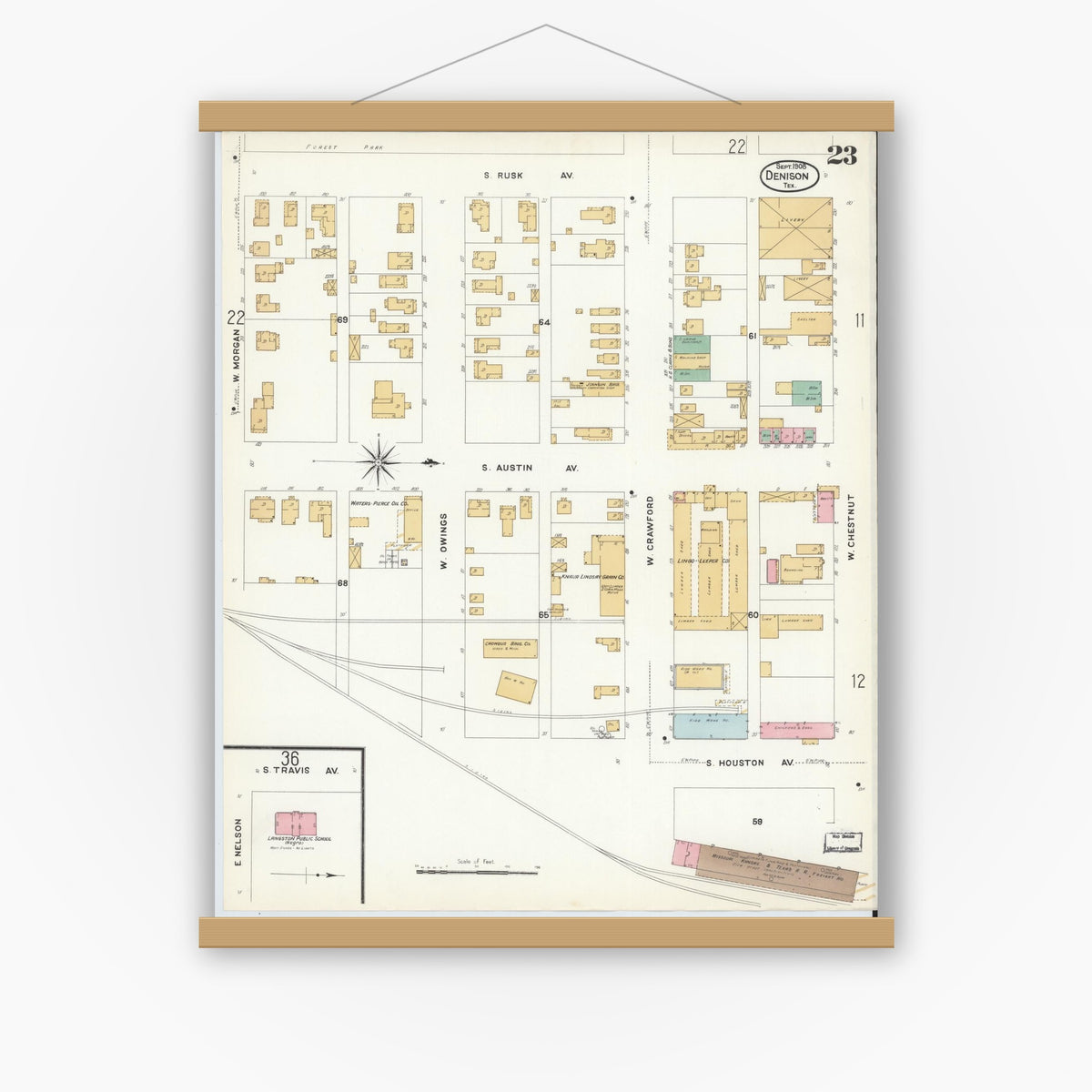 Old map wall art mockup — magnetic wood frame on white wall — Sanborn Fire Insurance Map from Denison, Grayson County, Texas (1908), Sheet #0023