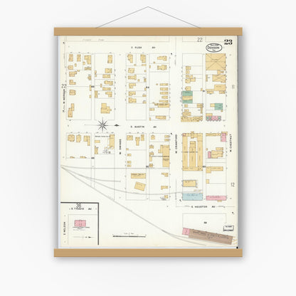 Old map wall art mockup — magnetic wood frame on white wall — Sanborn Fire Insurance Map from Denison, Grayson County, Texas (1908), Sheet #0023