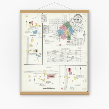 Old map wall art mockup — magnetic wood frame on white wall — Sanborn Fire Insurance Map from Bicknell, Knox County, Indiana (1915) - Complete Map Set