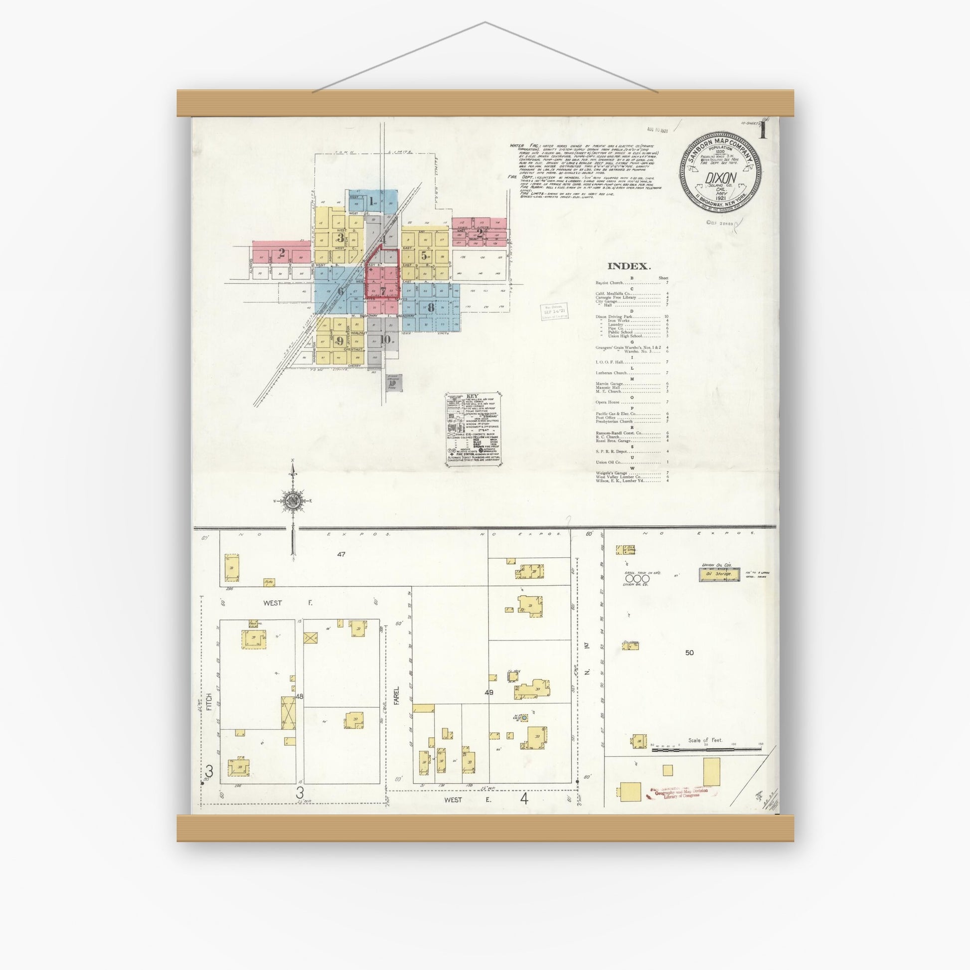 Old map wall art mockup — magnetic wood frame on white wall — Sanborn Fire Insurance Map from Dixon, Solano County, California (1921) - Complete Map Set