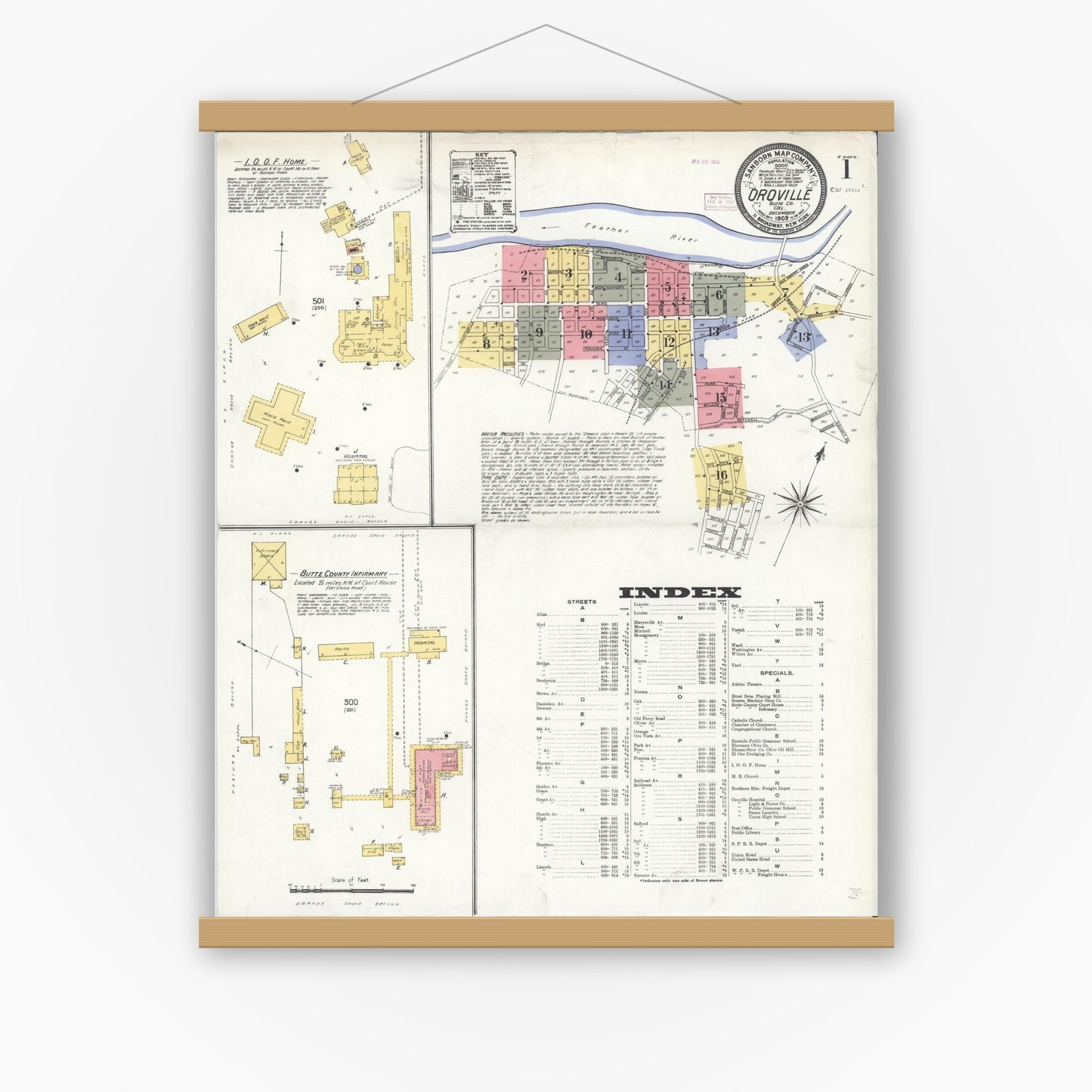 Old map wall art mockup — magnetic wood frame on white wall — Sanborn Fire Insurance Map from Oroville, Butte County, California (1909) - Complete Map Set