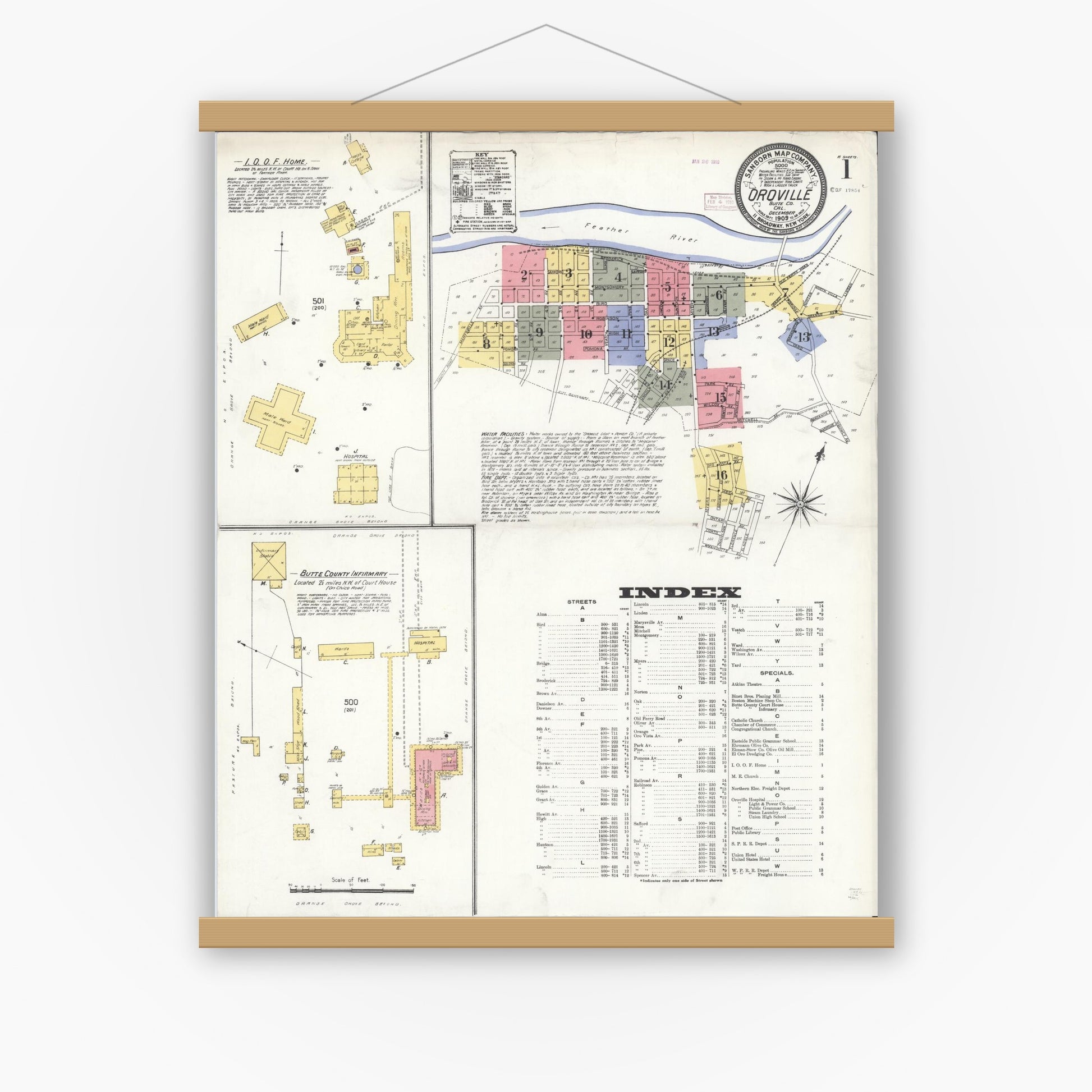 Old map wall art mockup — magnetic wood frame on white wall — Sanborn Fire Insurance Map from Oroville, Butte County, California (1909) - Complete Map Set