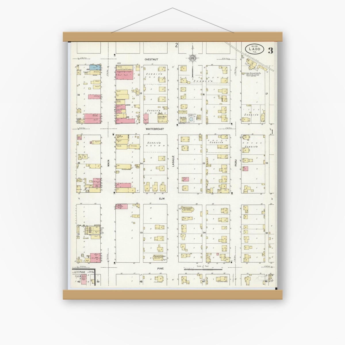 Old map wall art mockup — magnetic wood frame on white wall — Sanborn Fire Insurance Map from Ladd, Bureau County, Illinois (1911), Sheet #0003