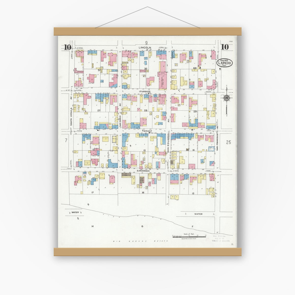 Old map wall art mockup — magnetic wood frame on white wall — Sanborn Fire Insurance Map from Laredo, Webb County, Texas (1925), Sheet #0010
