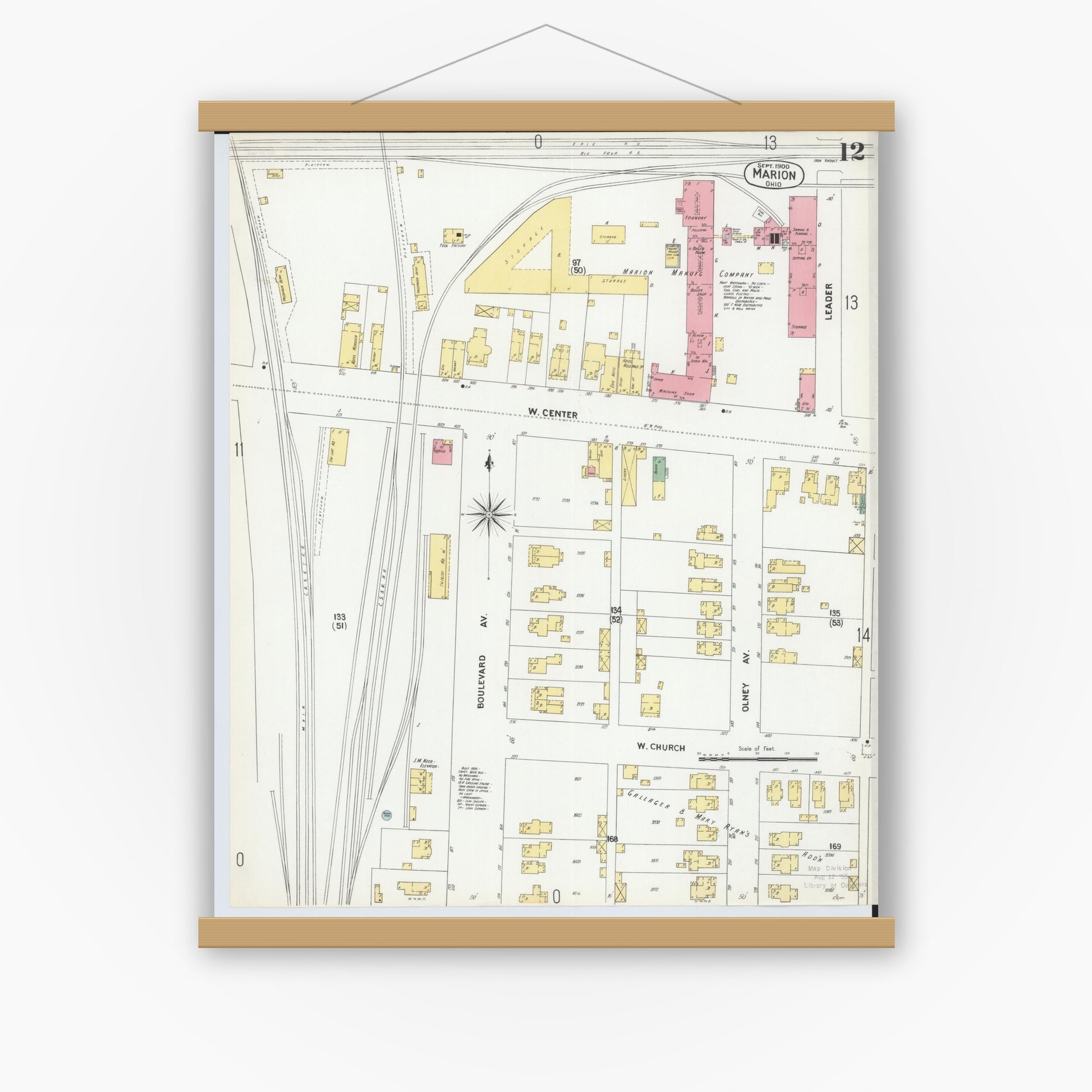 Old map wall art mockup — magnetic wood frame on white wall — Sanborn Fire Insurance Map from Marion, Marion County, Ohio (1900), Sheet #0012