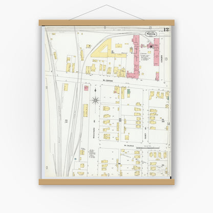 Old map wall art mockup — magnetic wood frame on white wall — Sanborn Fire Insurance Map from Marion, Marion County, Ohio (1900), Sheet #0012