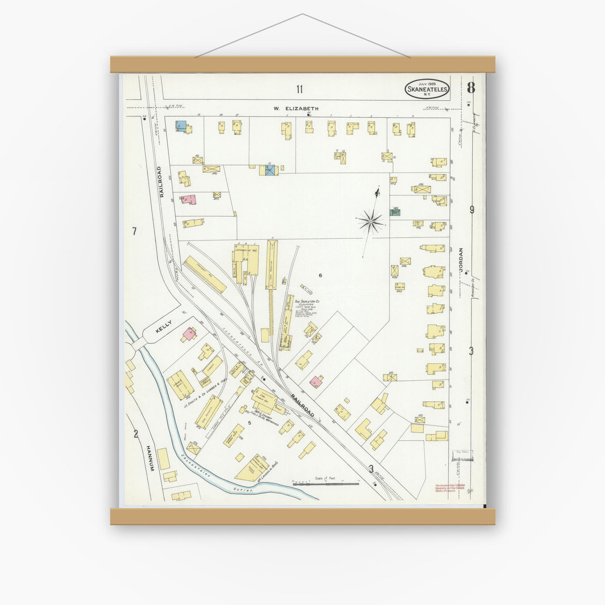 Old map wall art mockup — magnetic wood frame on white wall — Sanborn Fire Insurance Map from Skaneateles, Onondaga County, New York (1909), Sheet #0008