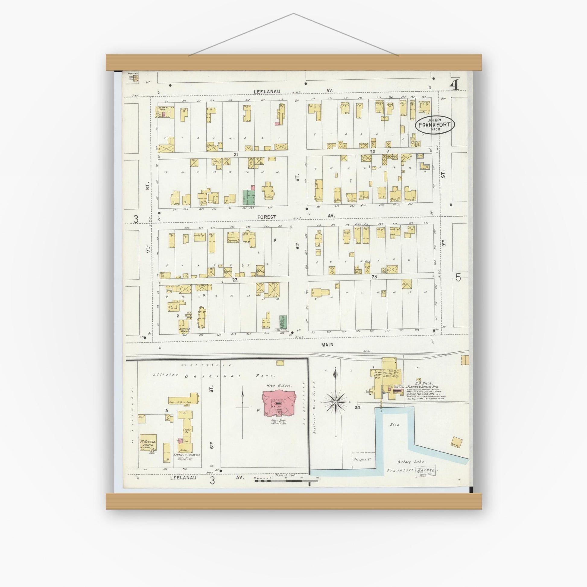 Old map wall art mockup — magnetic wood frame on white wall — Sanborn Fire Insurance Map from Frankfort, Benzie County, Michigan (1899), Sheet #0004
