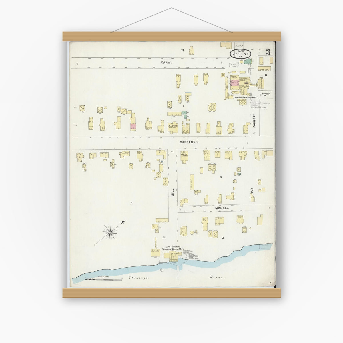 Old map wall art mockup — magnetic wood frame on white wall — Sanborn Fire Insurance Map from Greene, Chenango County, New York (1897), Sheet #0003