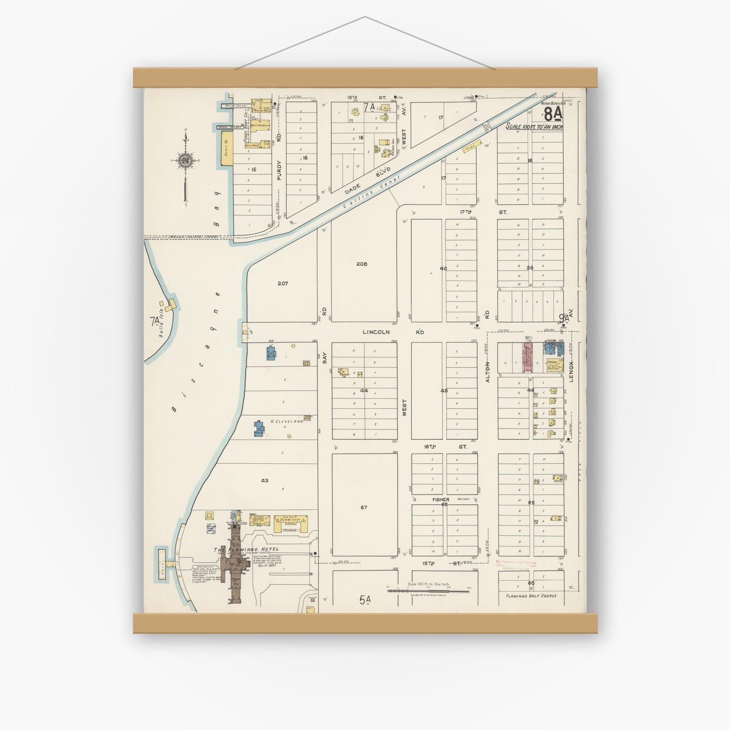 Old map wall art mockup — magnetic wood frame on white wall — Sanborn Fire Insurance Map from Miami Beach, Dade County, Florida (1921), Sheet #0008
