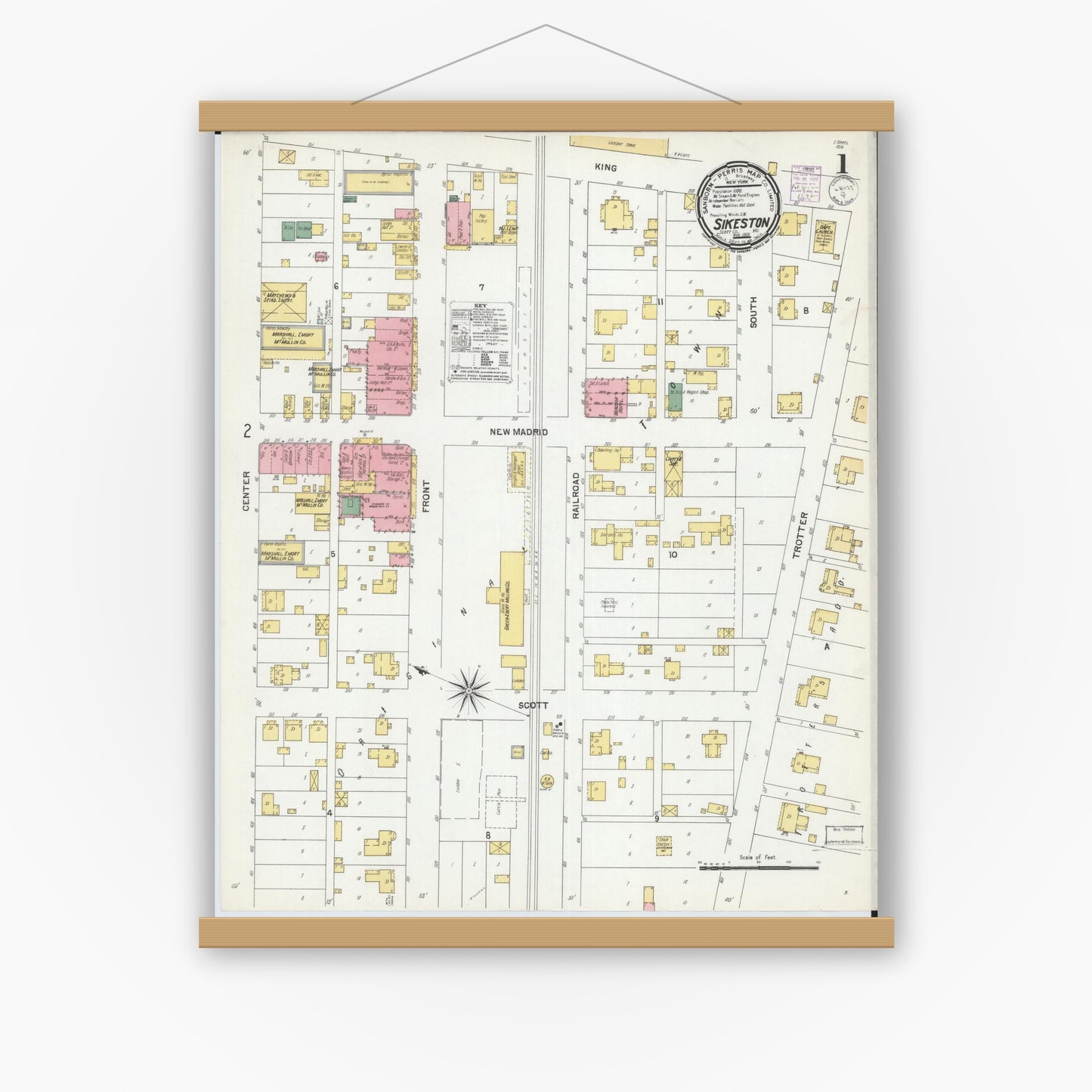 Old map wall art mockup — magnetic wood frame on white wall — Sanborn Fire Insurance Map from Sikeston, Scott County, Missouri (1901), Sheet #0001