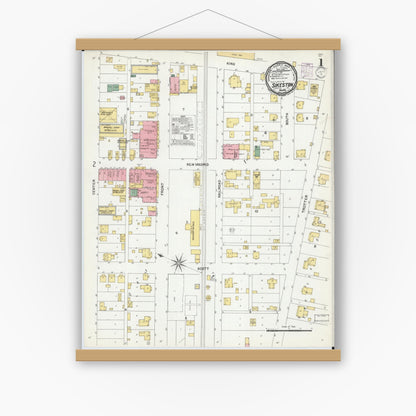 Old map wall art mockup — magnetic wood frame on white wall — Sanborn Fire Insurance Map from Sikeston, Scott County, Missouri (1901), Sheet #0001