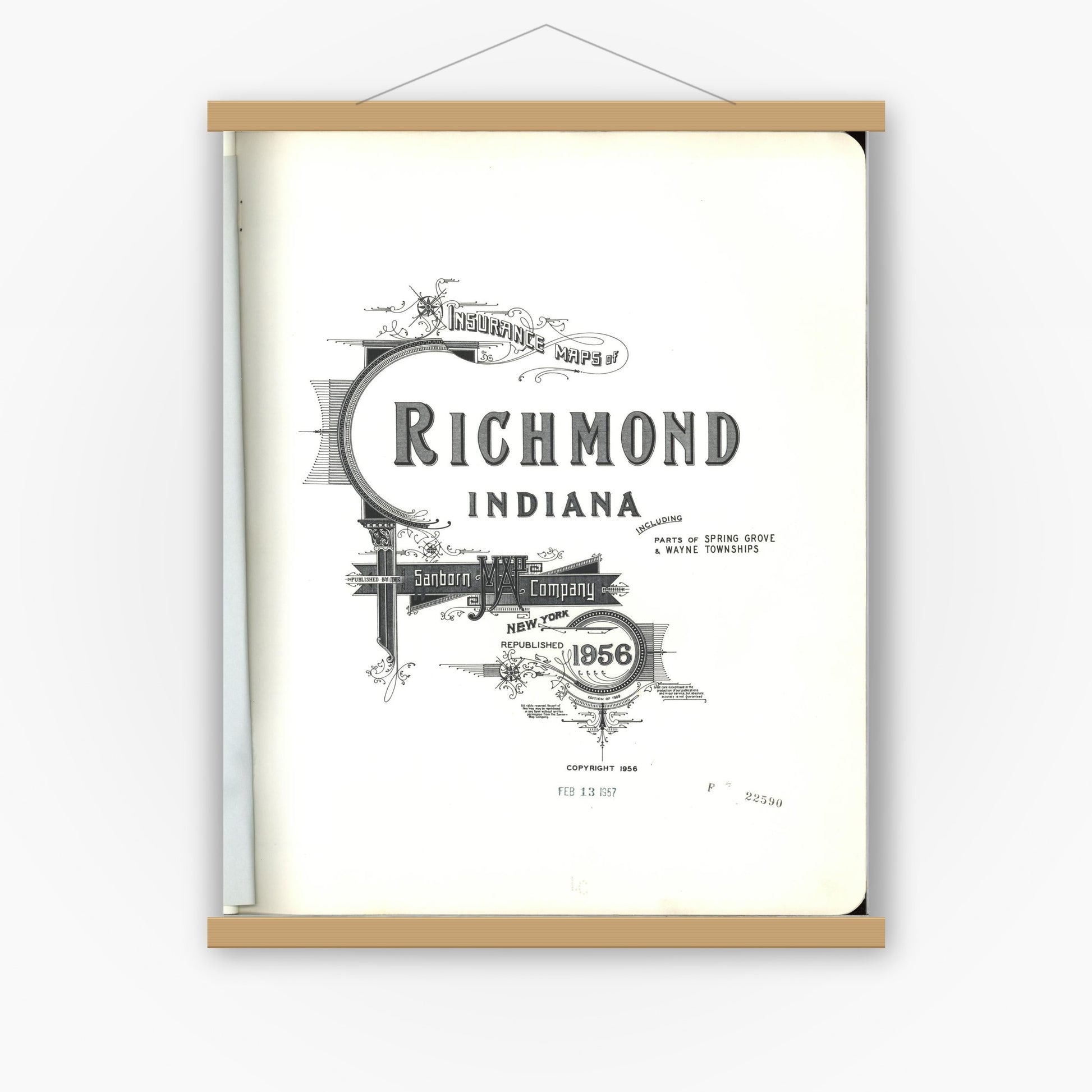 Old map wall art mockup — magnetic wood frame on white wall — Sanborn Fire Insurance Map from Richmond, Wayne County, Indiana (1956), Sheet #0001