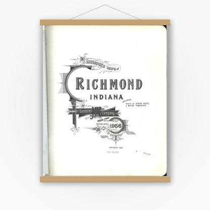 Old map wall art mockup — magnetic wood frame on white wall — Sanborn Fire Insurance Map from Richmond, Wayne County, Indiana (1956), Sheet #0001