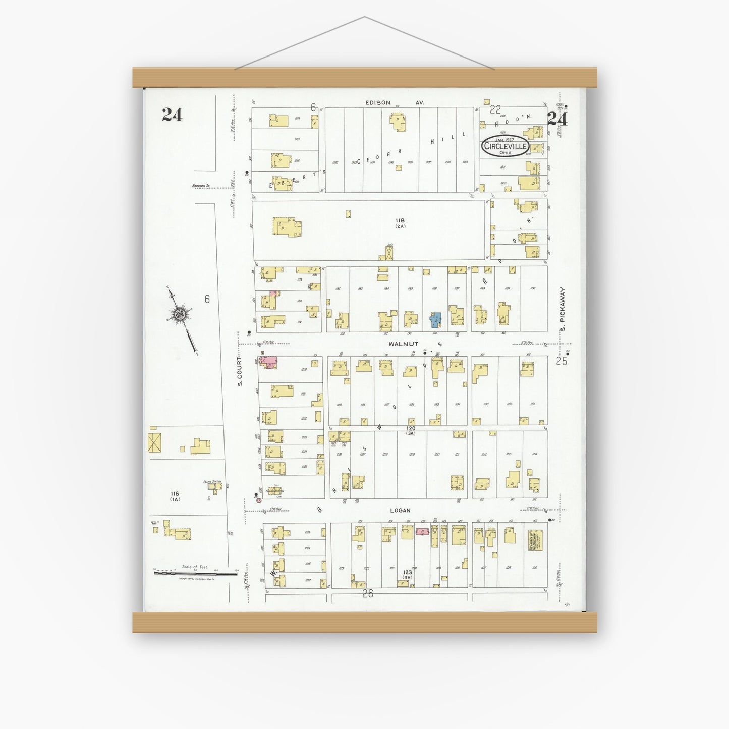 Old map wall art mockup — magnetic wood frame on white wall — Sanborn Fire Insurance Map from Circleville, Pickaway County, Ohio (1927), Sheet #0024