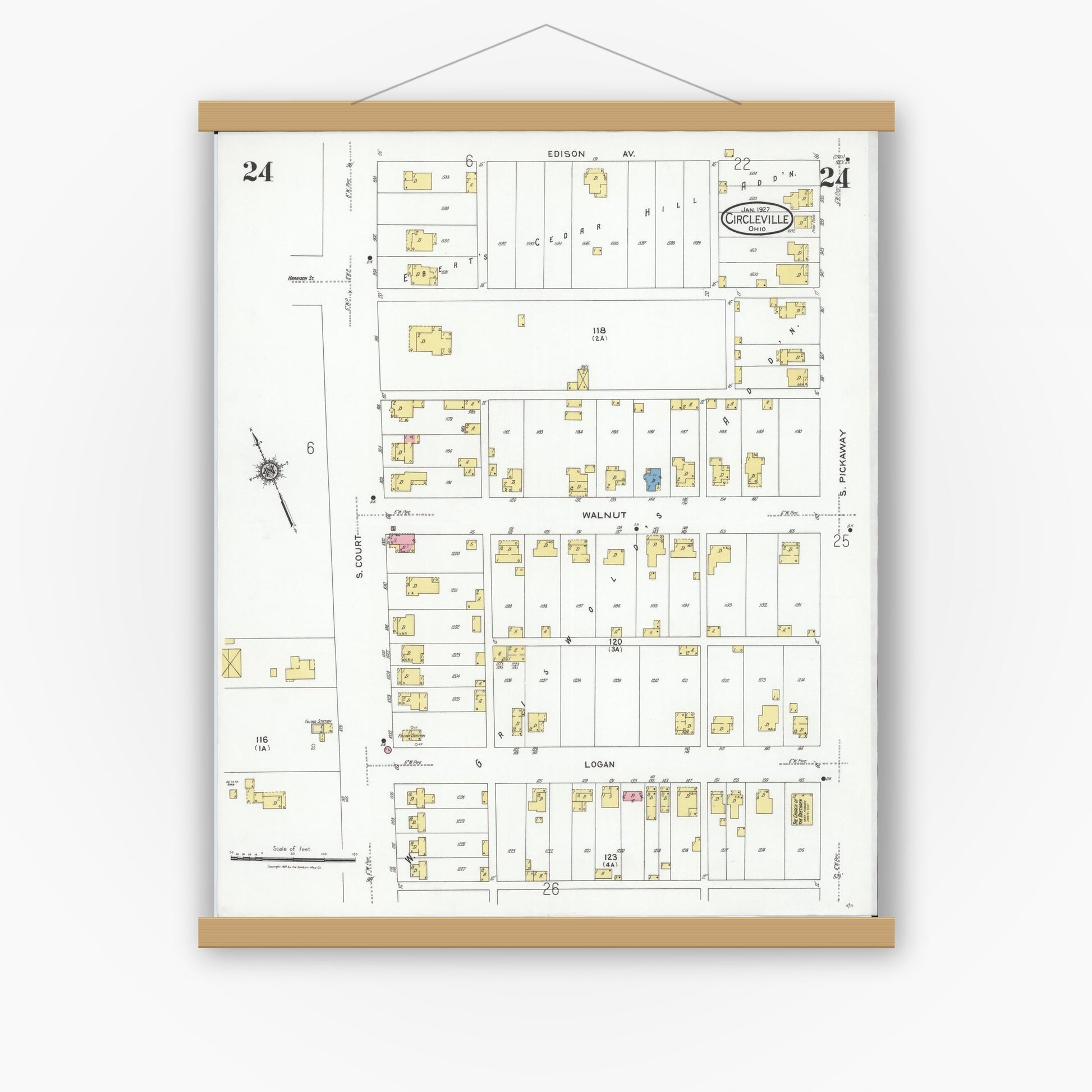 Old map wall art mockup — magnetic wood frame on white wall — Sanborn Fire Insurance Map from Circleville, Pickaway County, Ohio (1927), Sheet #0024