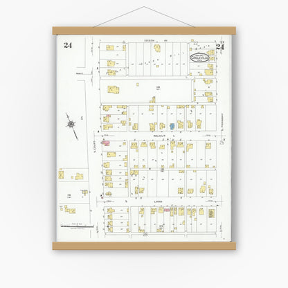 Old map wall art mockup — magnetic wood frame on white wall — Sanborn Fire Insurance Map from Circleville, Pickaway County, Ohio (1927), Sheet #0024